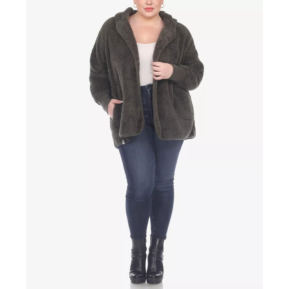 White Mark Women's Plus Size Plush Hooded Cardigan Jacket Pockets Green 1X-2X